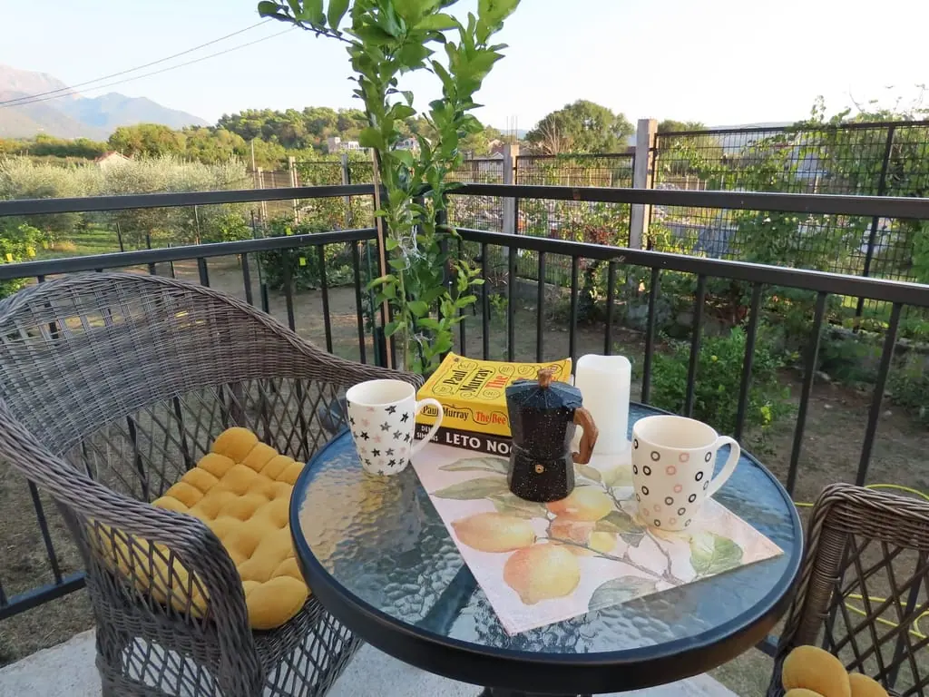 Terasa apartmana sa stolom i vinom